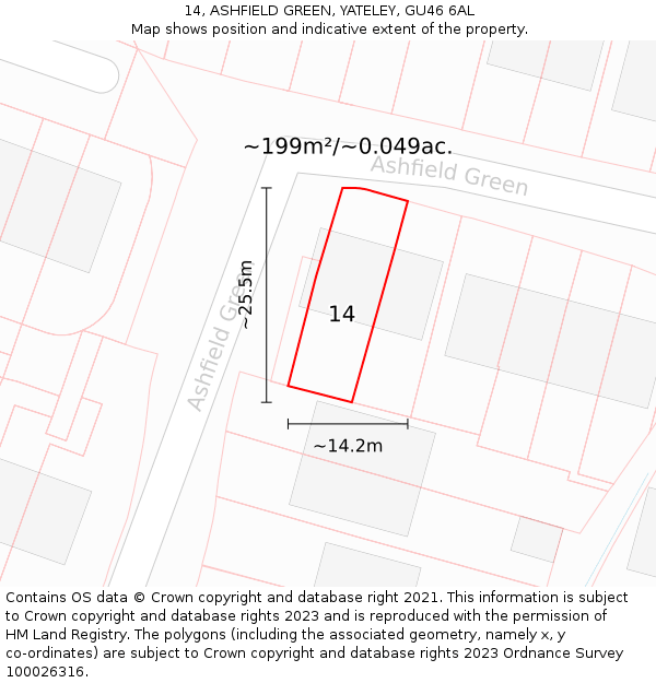 14, ASHFIELD GREEN, YATELEY, GU46 6AL: Plot and title map