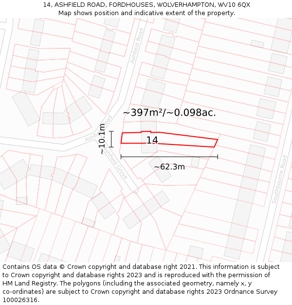 14, ASHFIELD ROAD, FORDHOUSES, WOLVERHAMPTON, WV10 6QX: Plot and title map