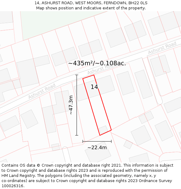 14, ASHURST ROAD, WEST MOORS, FERNDOWN, BH22 0LS: Plot and title map