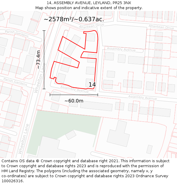 14, ASSEMBLY AVENUE, LEYLAND, PR25 3NX: Plot and title map