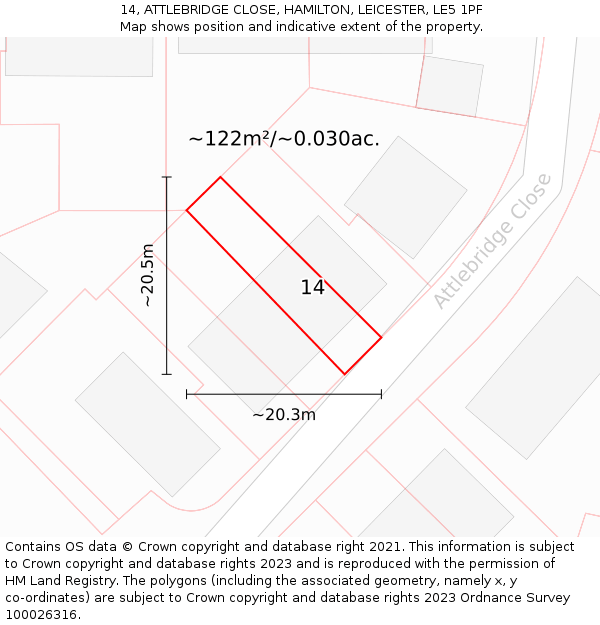 14, ATTLEBRIDGE CLOSE, HAMILTON, LEICESTER, LE5 1PF: Plot and title map