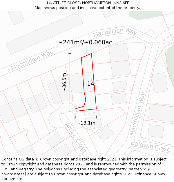 14, ATTLEE CLOSE, NORTHAMPTON, NN3 6FF: Plot and title map