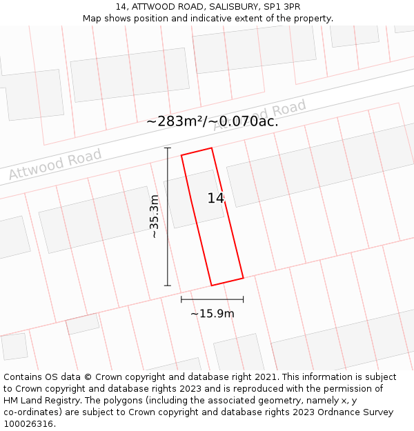 14, ATTWOOD ROAD, SALISBURY, SP1 3PR: Plot and title map