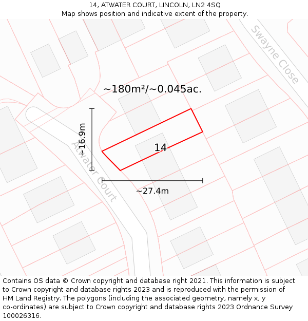 14, ATWATER COURT, LINCOLN, LN2 4SQ: Plot and title map