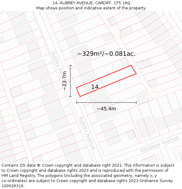 14, AUBREY AVENUE, CARDIFF, CF5 1AQ: Plot and title map