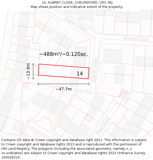 14, AUBREY CLOSE, CHELMSFORD, CM1 4EJ: Plot and title map