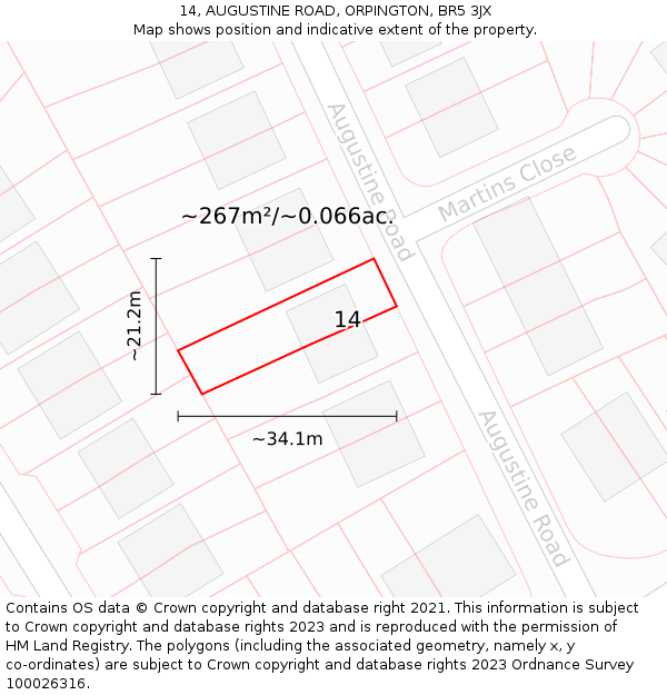 14, AUGUSTINE ROAD, ORPINGTON, BR5 3JX: Plot and title map
