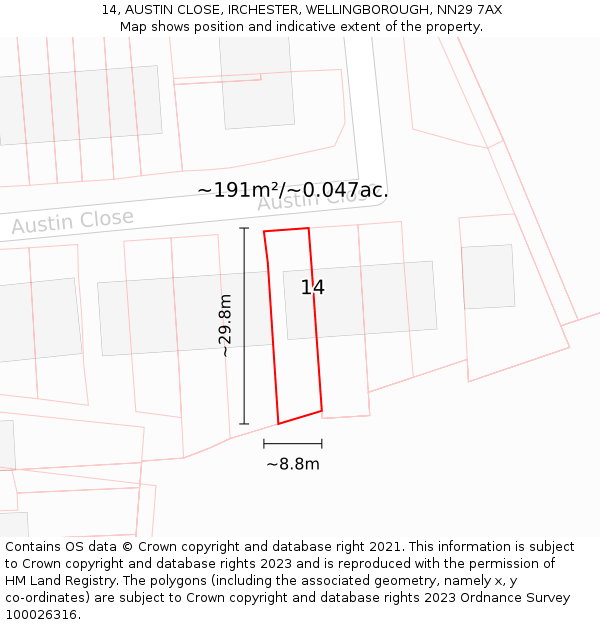 14, AUSTIN CLOSE, IRCHESTER, WELLINGBOROUGH, NN29 7AX: Plot and title map