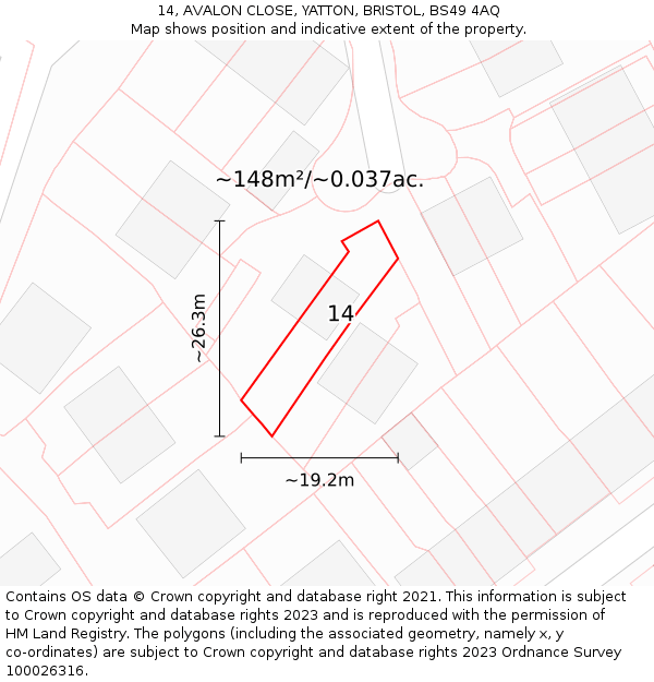 14, AVALON CLOSE, YATTON, BRISTOL, BS49 4AQ: Plot and title map