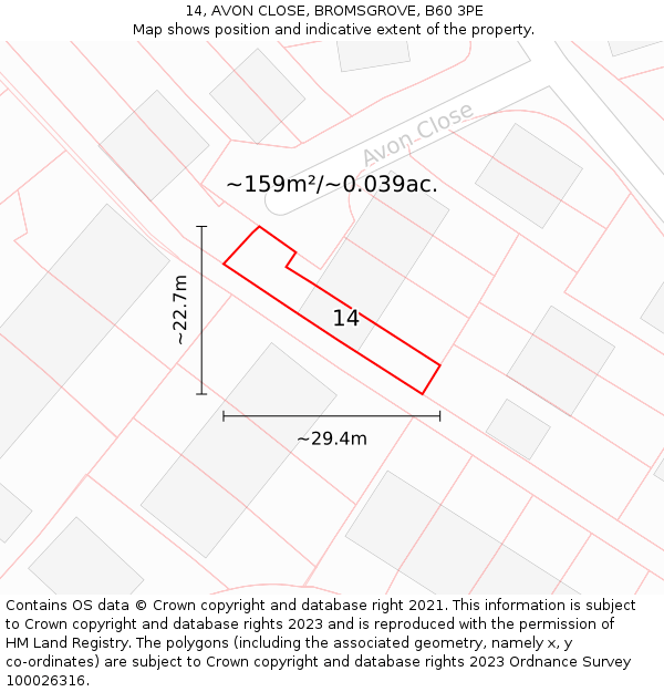 14, AVON CLOSE, BROMSGROVE, B60 3PE: Plot and title map