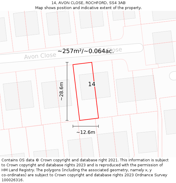 14, AVON CLOSE, ROCHFORD, SS4 3AB: Plot and title map