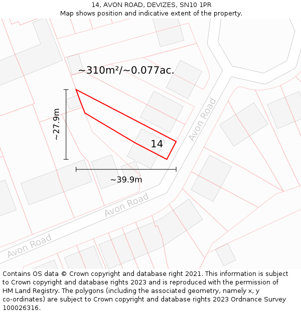 14, AVON ROAD, DEVIZES, SN10 1PR: Plot and title map
