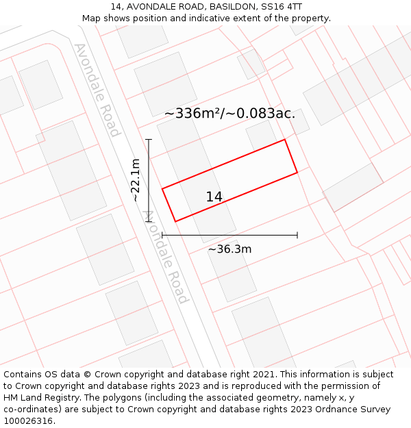 14, AVONDALE ROAD, BASILDON, SS16 4TT: Plot and title map