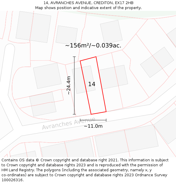 14, AVRANCHES AVENUE, CREDITON, EX17 2HB: Plot and title map