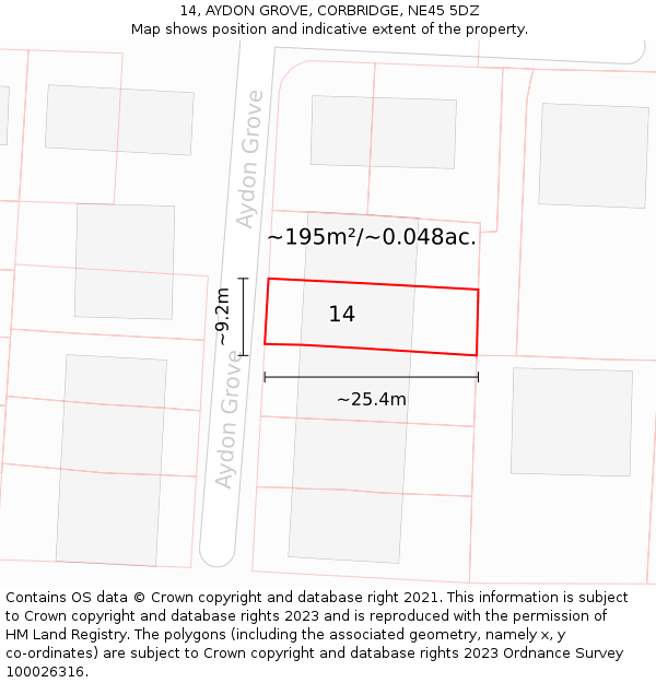 14, AYDON GROVE, CORBRIDGE, NE45 5DZ: Plot and title map