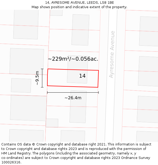 14, AYRESOME AVENUE, LEEDS, LS8 1BE: Plot and title map