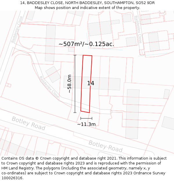 14, BADDESLEY CLOSE, NORTH BADDESLEY, SOUTHAMPTON, SO52 9DR: Plot and title map