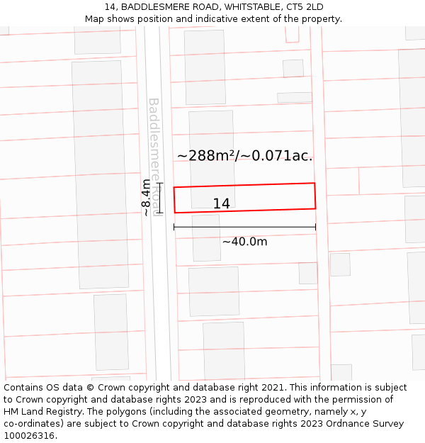 14, BADDLESMERE ROAD, WHITSTABLE, CT5 2LD: Plot and title map
