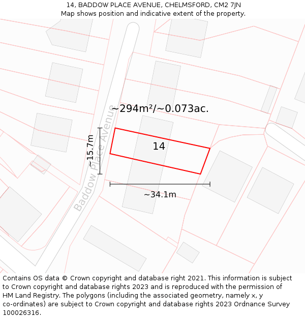 14, BADDOW PLACE AVENUE, CHELMSFORD, CM2 7JN: Plot and title map