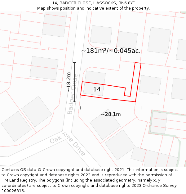 14, BADGER CLOSE, HASSOCKS, BN6 8YF: Plot and title map