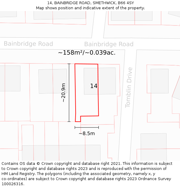 14, BAINBRIDGE ROAD, SMETHWICK, B66 4SY: Plot and title map
