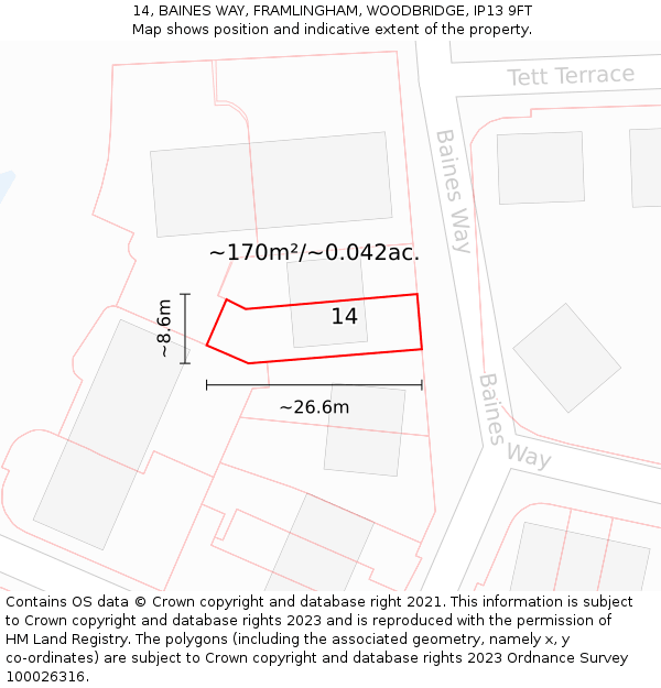 14, BAINES WAY, FRAMLINGHAM, WOODBRIDGE, IP13 9FT: Plot and title map