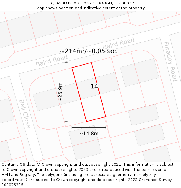 14, BAIRD ROAD, FARNBOROUGH, GU14 8BP: Plot and title map