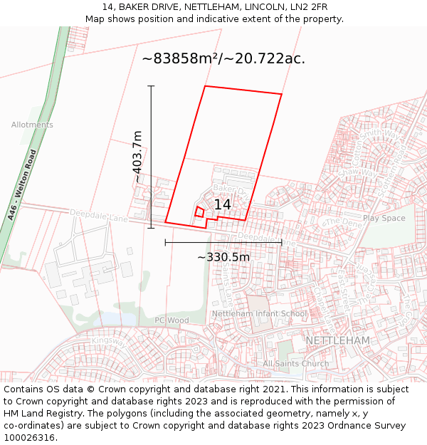 14, BAKER DRIVE, NETTLEHAM, LINCOLN, LN2 2FR: Plot and title map