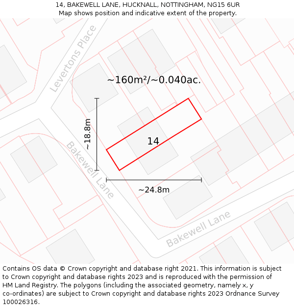 14, BAKEWELL LANE, HUCKNALL, NOTTINGHAM, NG15 6UR: Plot and title map
