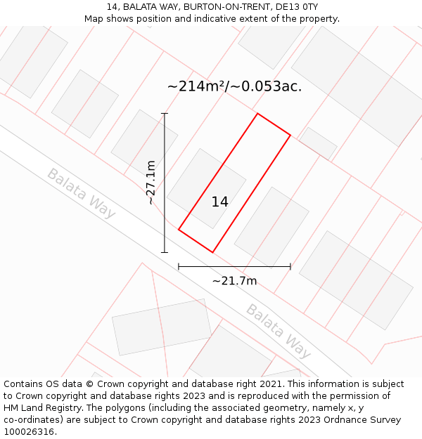 14, BALATA WAY, BURTON-ON-TRENT, DE13 0TY: Plot and title map