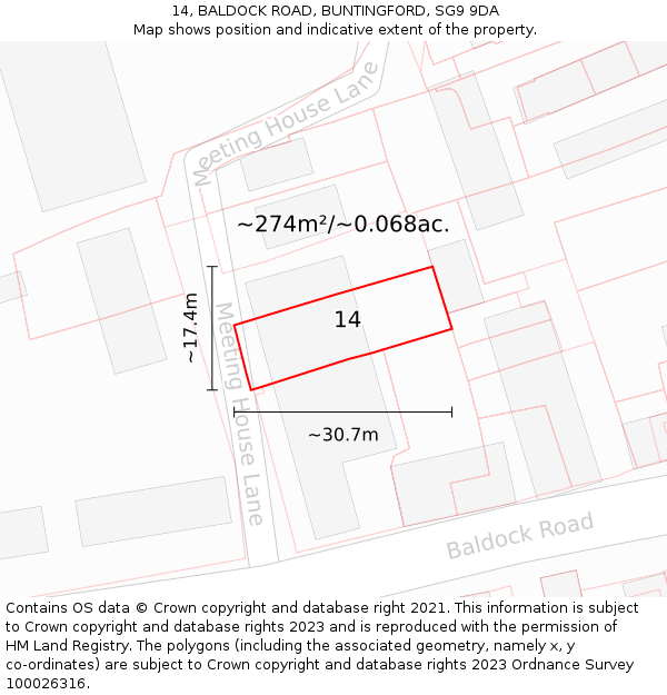 14, BALDOCK ROAD, BUNTINGFORD, SG9 9DA: Plot and title map