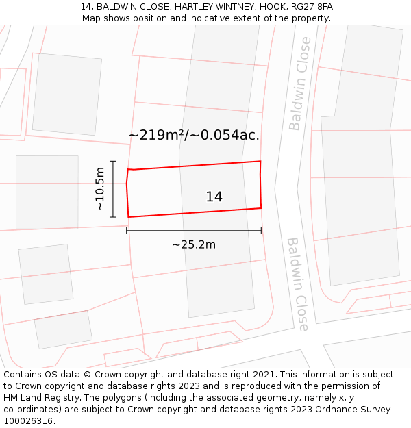 14, BALDWIN CLOSE, HARTLEY WINTNEY, HOOK, RG27 8FA: Plot and title map