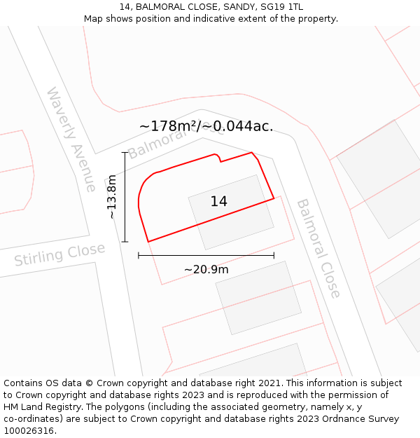 14, BALMORAL CLOSE, SANDY, SG19 1TL: Plot and title map