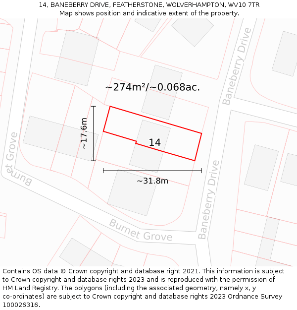 14, BANEBERRY DRIVE, FEATHERSTONE, WOLVERHAMPTON, WV10 7TR: Plot and title map