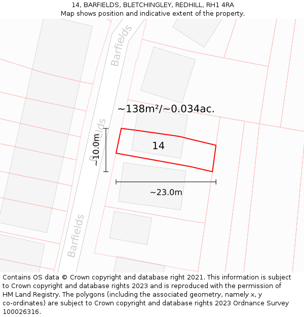 14, BARFIELDS, BLETCHINGLEY, REDHILL, RH1 4RA: Plot and title map