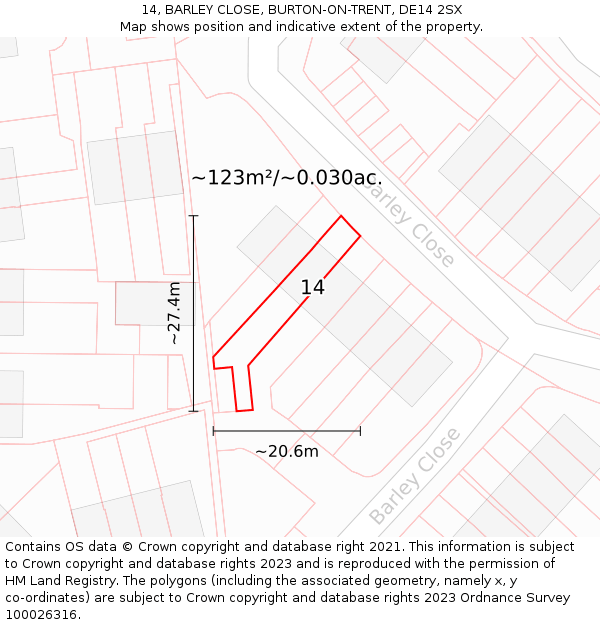14, BARLEY CLOSE, BURTON-ON-TRENT, DE14 2SX: Plot and title map