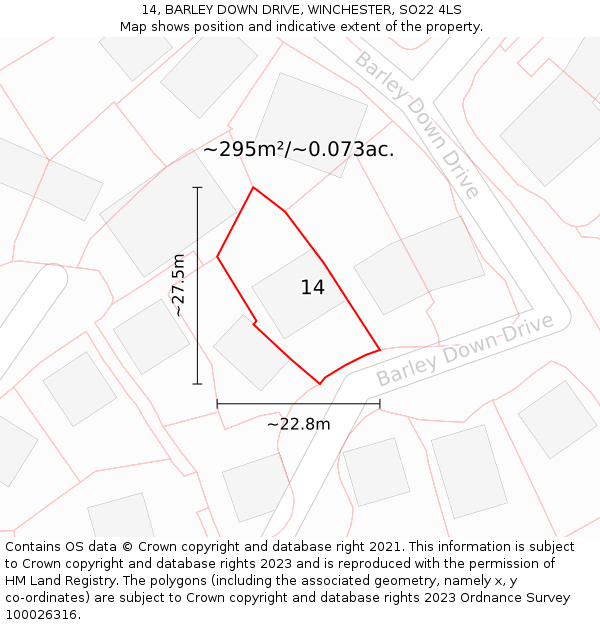 14, BARLEY DOWN DRIVE, WINCHESTER, SO22 4LS: Plot and title map