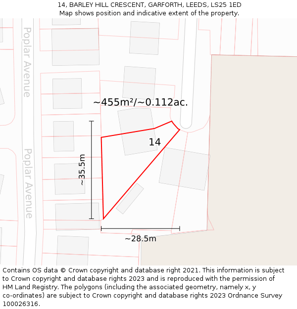 14, BARLEY HILL CRESCENT, GARFORTH, LEEDS, LS25 1ED: Plot and title map