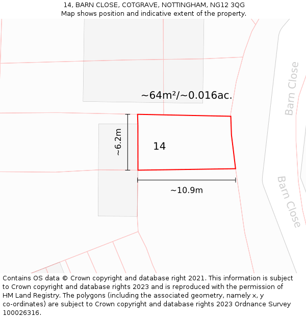 14, BARN CLOSE, COTGRAVE, NOTTINGHAM, NG12 3QG: Plot and title map