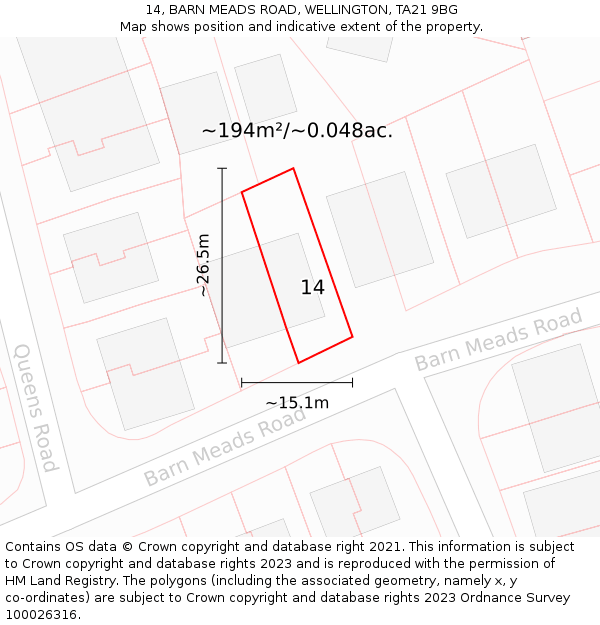 14, BARN MEADS ROAD, WELLINGTON, TA21 9BG: Plot and title map
