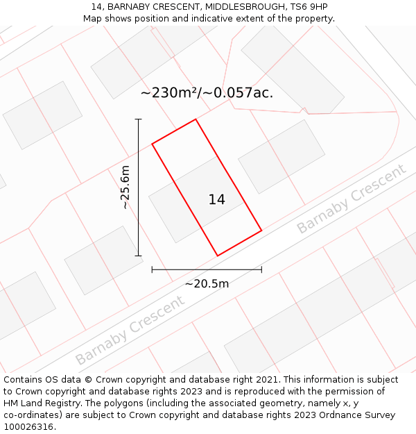 14, BARNABY CRESCENT, MIDDLESBROUGH, TS6 9HP: Plot and title map