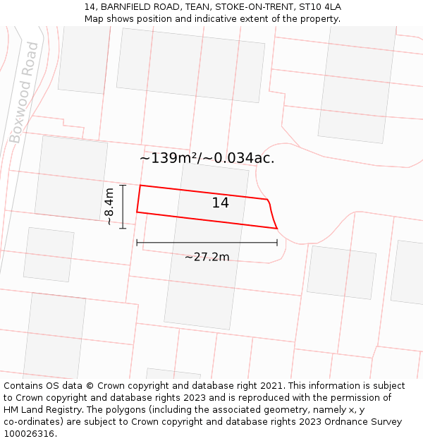 14, BARNFIELD ROAD, TEAN, STOKE-ON-TRENT, ST10 4LA: Plot and title map