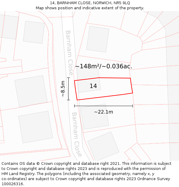 14, BARNHAM CLOSE, NORWICH, NR5 9LQ: Plot and title map
