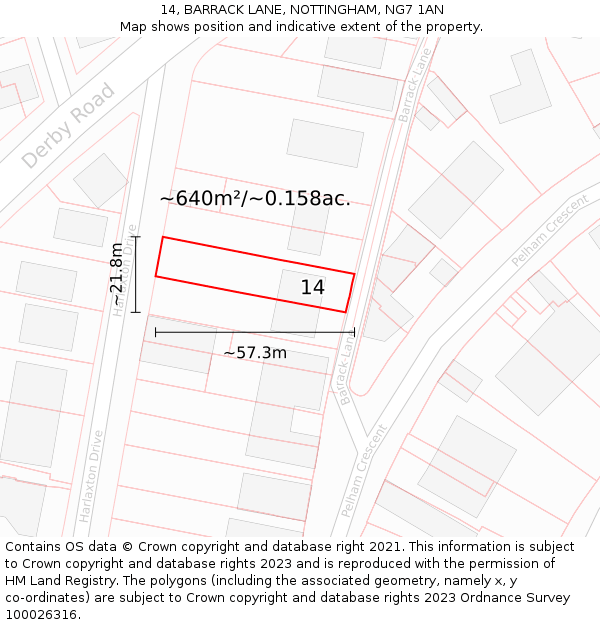 14, BARRACK LANE, NOTTINGHAM, NG7 1AN: Plot and title map