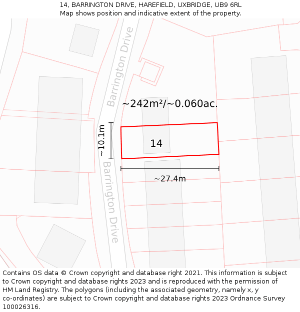 14, BARRINGTON DRIVE, HAREFIELD, UXBRIDGE, UB9 6RL: Plot and title map