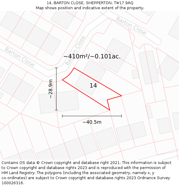 14, BARTON CLOSE, SHEPPERTON, TW17 9AQ: Plot and title map