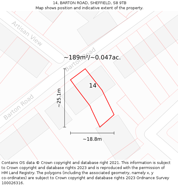 14, BARTON ROAD, SHEFFIELD, S8 9TB: Plot and title map