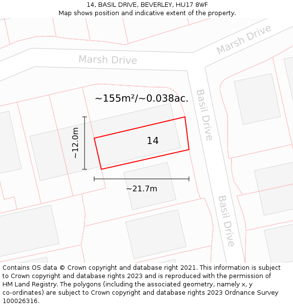 14, BASIL DRIVE, BEVERLEY, HU17 8WF: Plot and title map