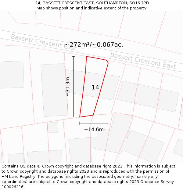 14, BASSETT CRESCENT EAST, SOUTHAMPTON, SO16 7PB: Plot and title map