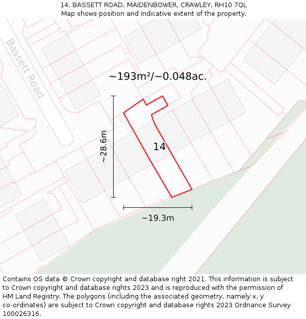 14, BASSETT ROAD, MAIDENBOWER, CRAWLEY, RH10 7QL: Plot and title map